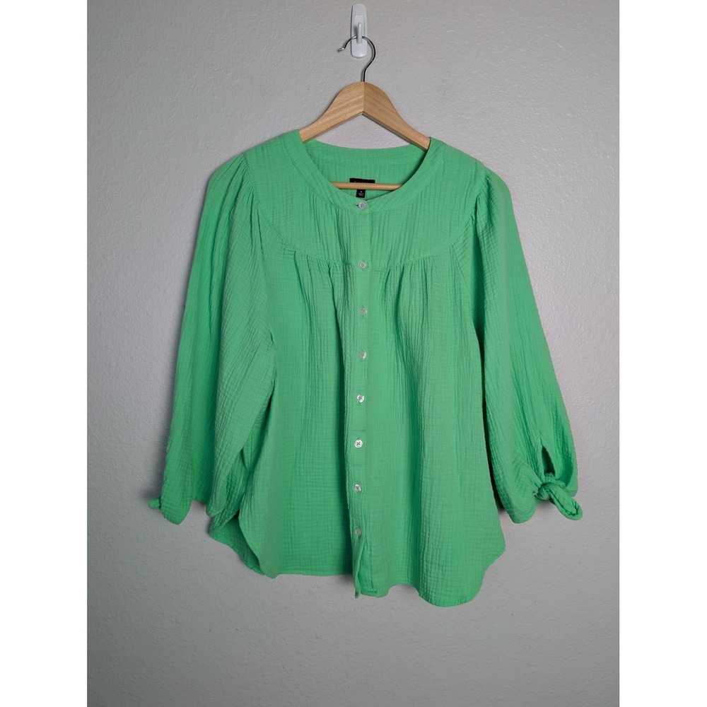 Talbots Blouse Womens M Green Round Neck 3/4 Sleeve 100% Cotton Gauze Button